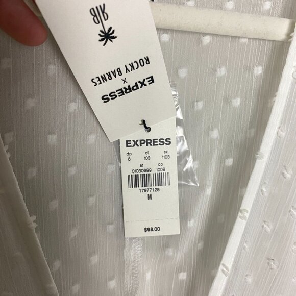 Express Rocky Barnes Maxi Dress Medium Coverup White Swiss Dots Button Front - Picture 4 of 9